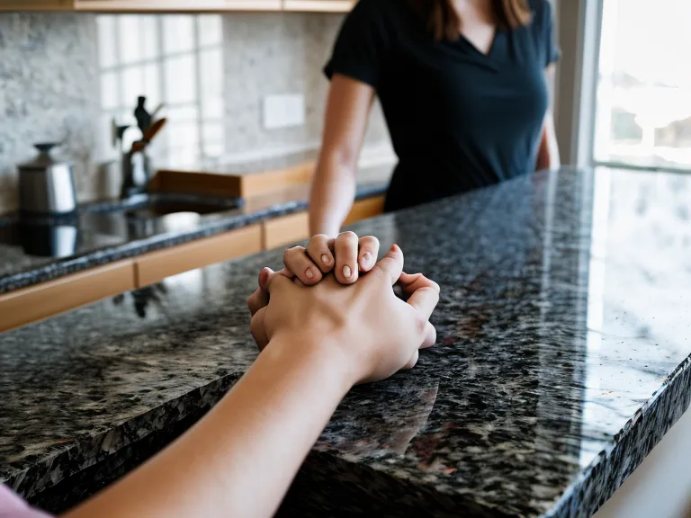 Mains détendues sur un plan de travail, signe de synchronisation réussie en communication de couple grâce à la PNL.