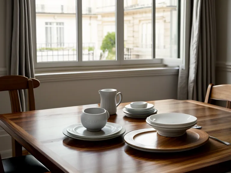 Table de salle à manger familiale avec assiettes en faïence et serviette froissée