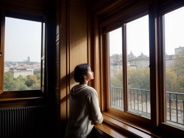 Vue apaisée d'une personne regardant par la fenêtre avec un livre de coaching